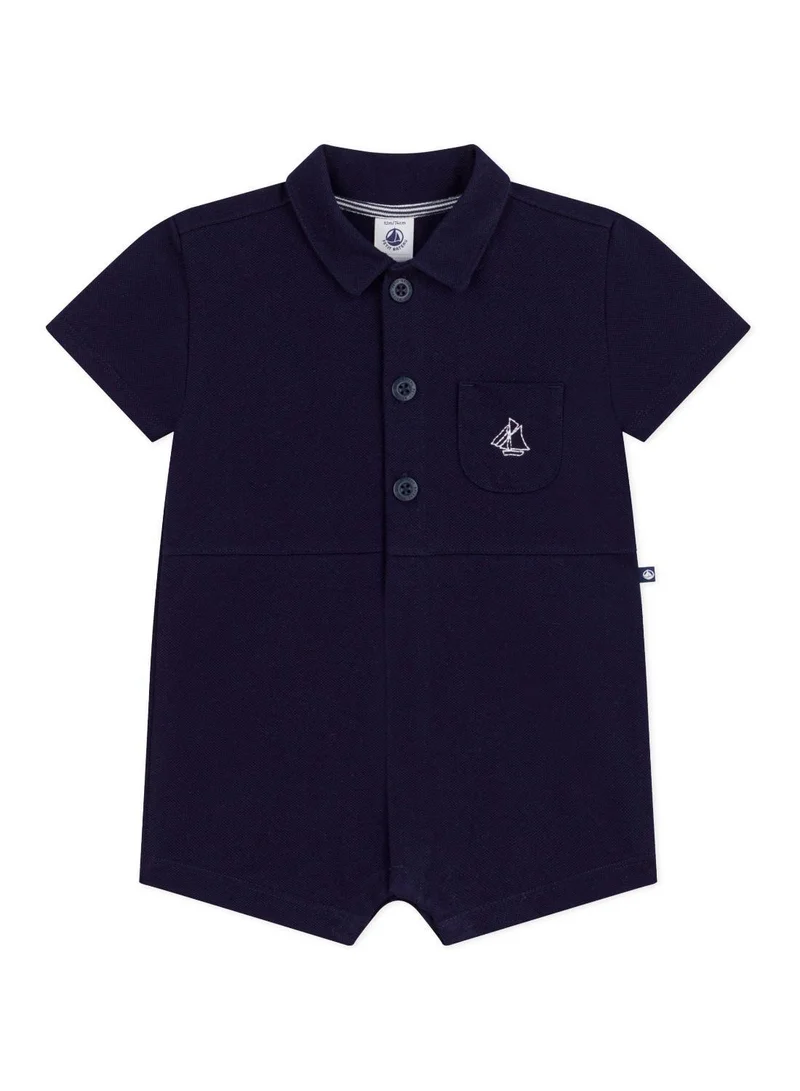Petit Bateau Babies' short plain cotton jumpsuit with a polo collar